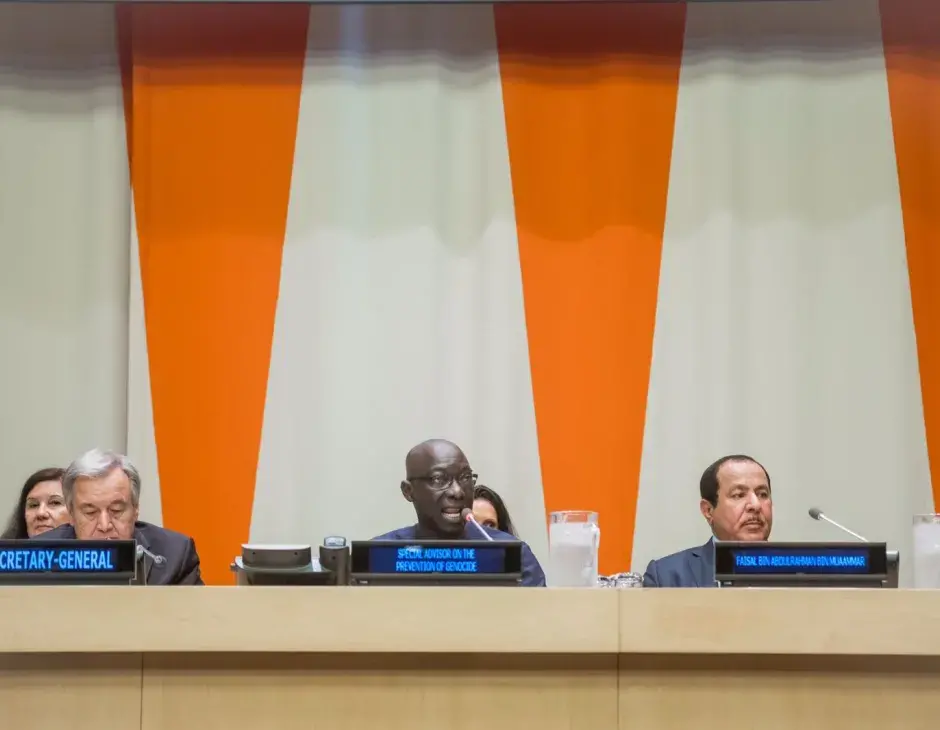 KAICIID Secretary General Faisal Bin Muaammar speaks at the launch of the Plan of Action for Religious Leaders and Actors to Prevent Incitement to Violence that Could Lead to Atrocity Crimes in New York, 14 July 2017. 