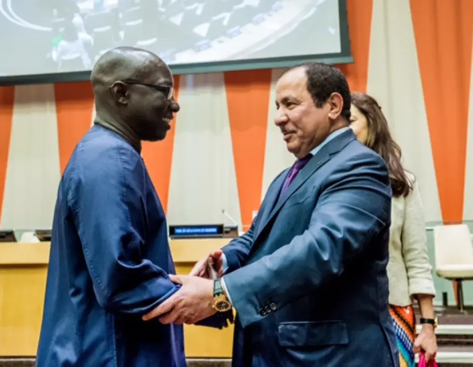 KAICIID Secretary General Faisal Bin Muaammar and United Nations Special Adviser on Genocide Prevention Adama Dieng at a joint event at UN Headquarters in New York, 14 July 2017. Photo: KAICIID/Michael Palma Mir