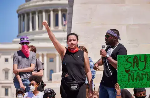 Protestors demand justice at a rally for George Floyd